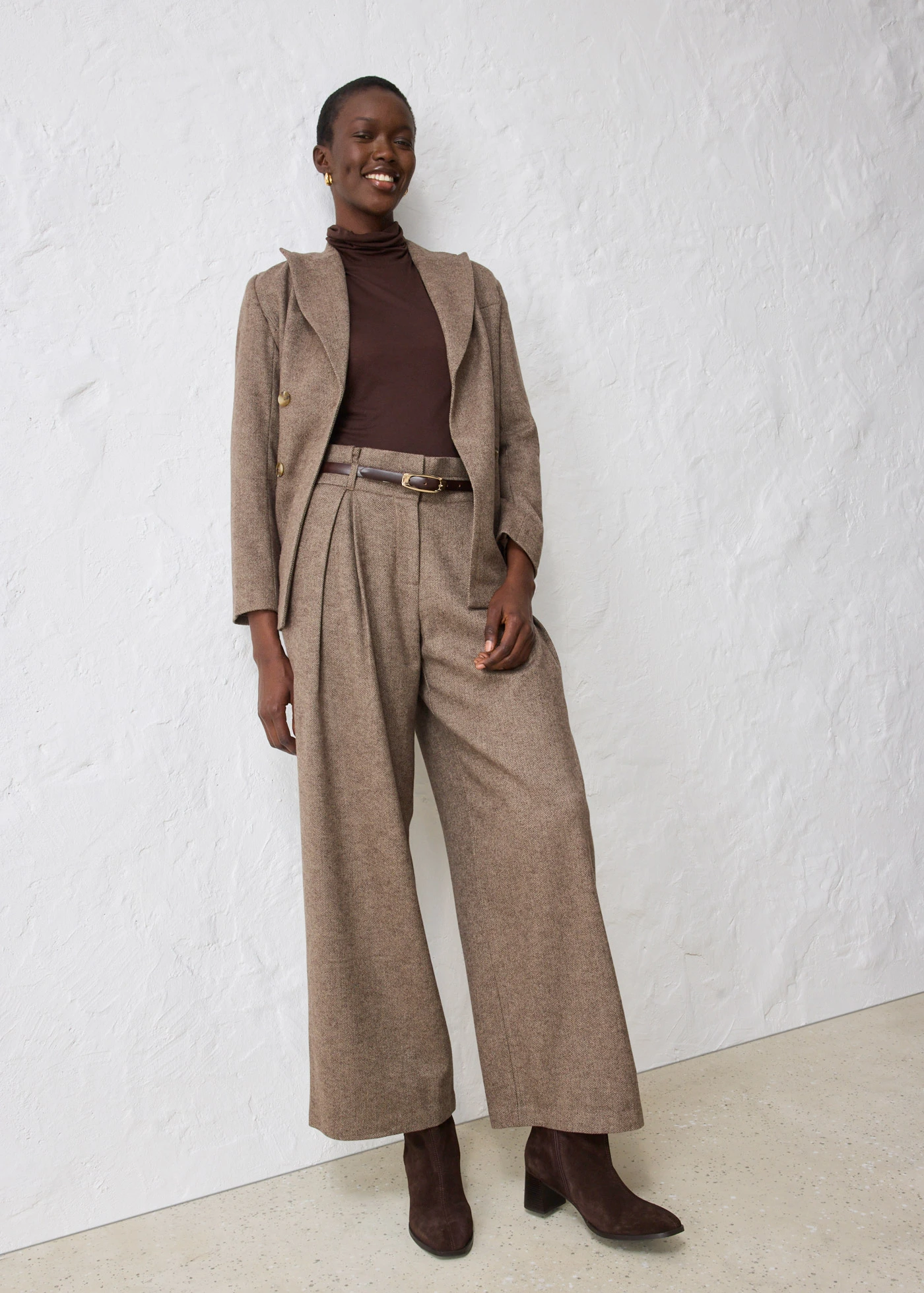 Široké kalhoty se sklady v pase, s vlnou • tmavě hnědá melír • bonprix obchod