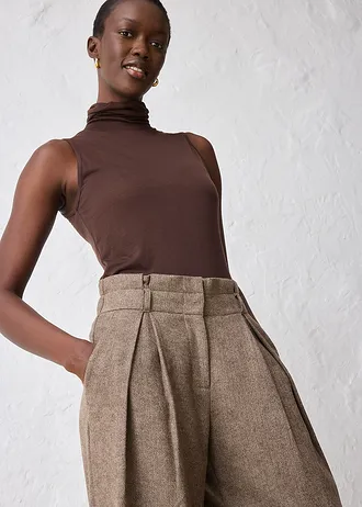 Široké kalhoty se sklady v pase, s vlnou • tmavě hnědá melír • bonprix obchod