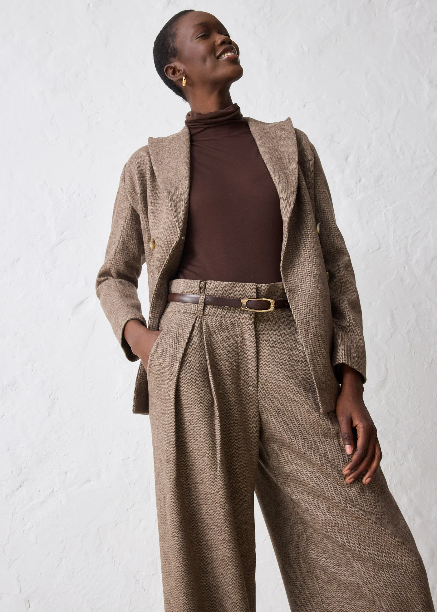 Široké kalhoty se sklady v pase, s vlnou • tmavě hnědá melír • bonprix obchod