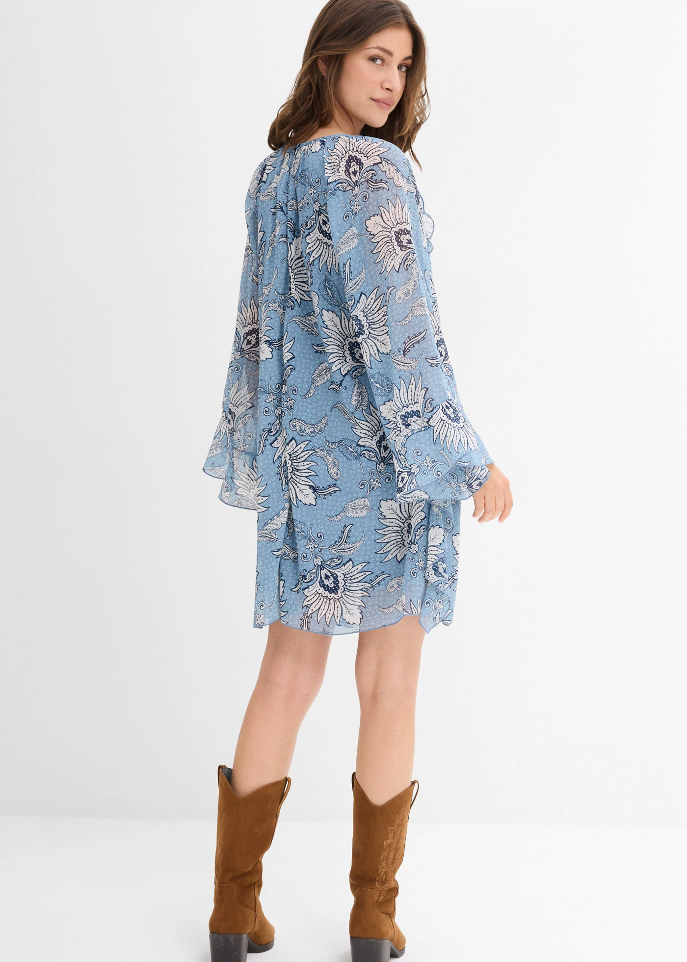 Tunikové šaty ze strukturovaného šifonu • modrozeleno-přírodní bílá s potiskem • bonprix obchod