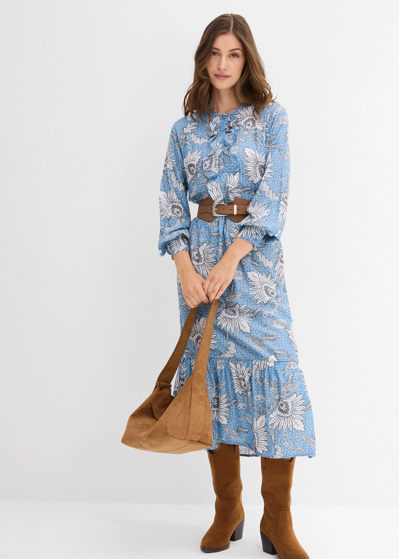 Robe longue en fine viscose mélangée • bleu gris imprimé • Boutique bonprix