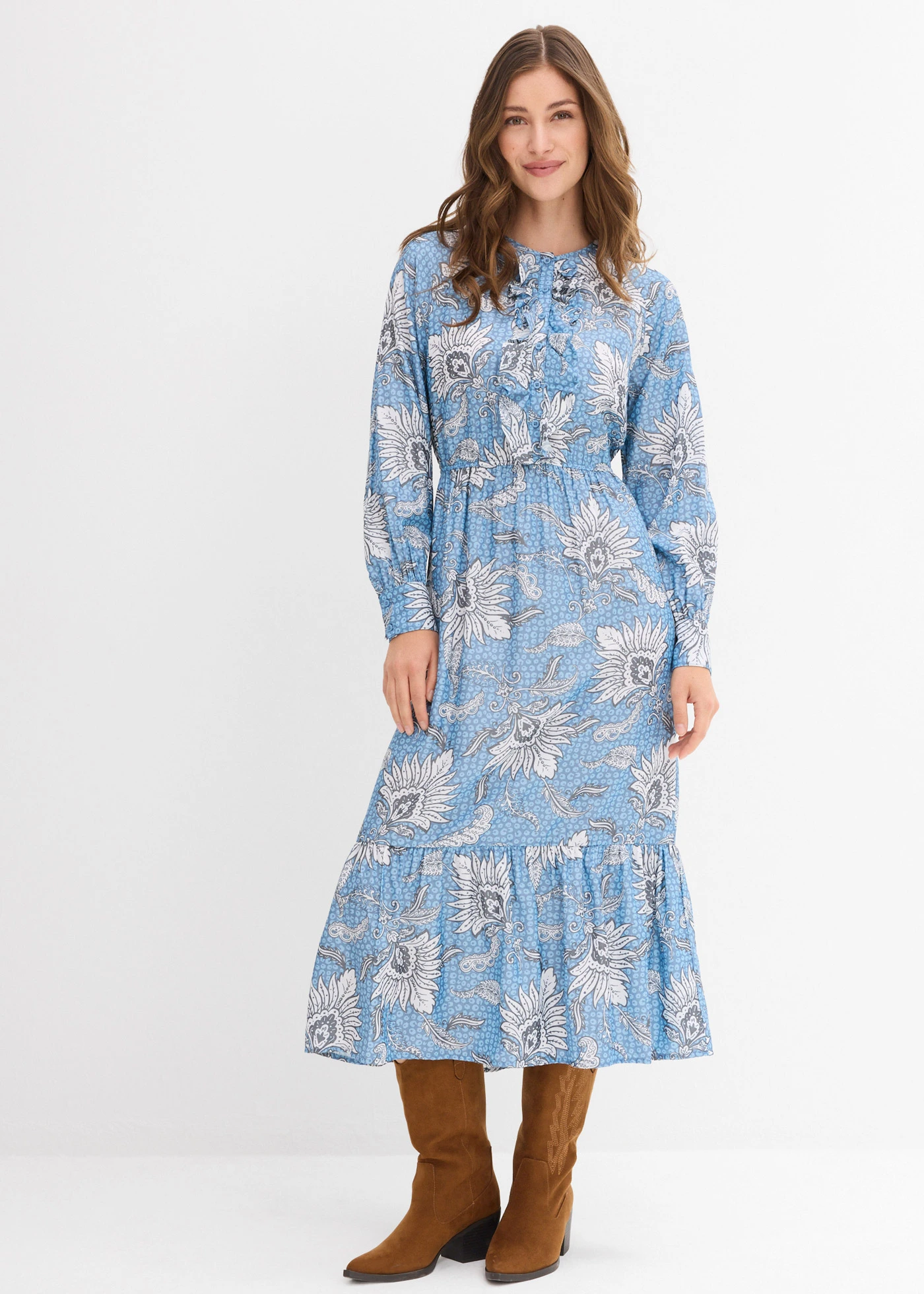 Robe longue en fine viscose mélangée • bleu gris imprimé • Boutique bonprix