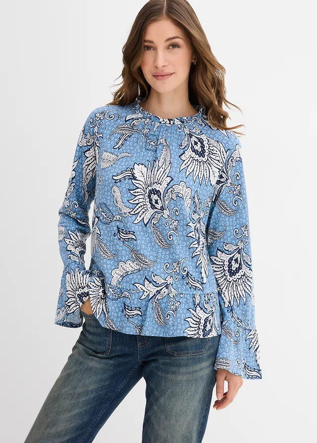 Shirtblouse van een zachte modalmix, Kleur: blauwgroen gebloemd