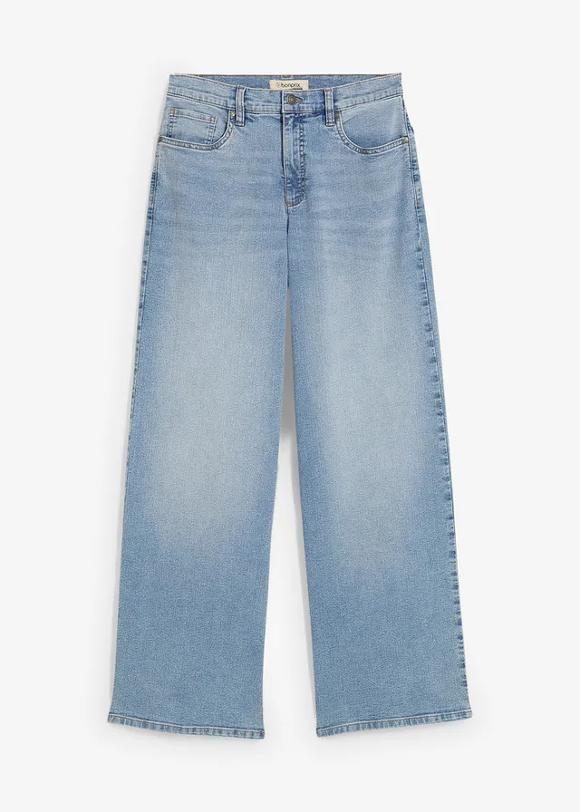 Jean large taille haute, Couleur: bleu clair denim used