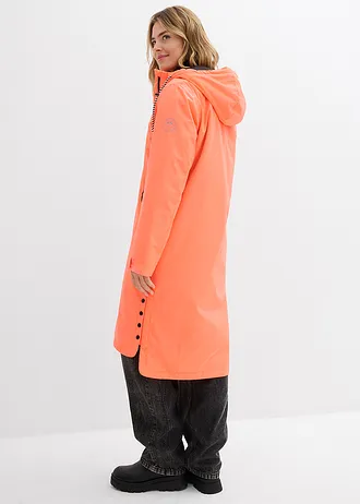 Waterdichte, lange regenjas in midilengte, Kleur: neonoranje-zwart