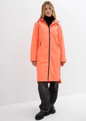 Waterdichte, lange regenjas in midilengte, Kleur: neonoranje-zwart