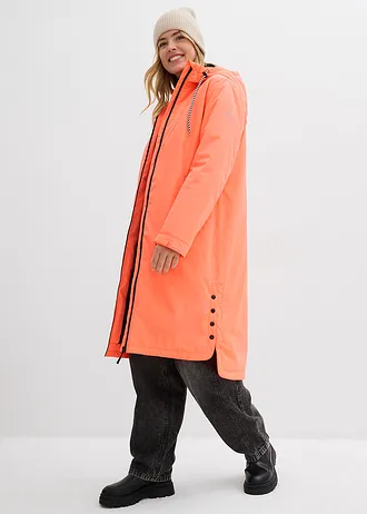 Waterdichte, lange regenjas in midilengte, Kleur: neonoranje-zwart