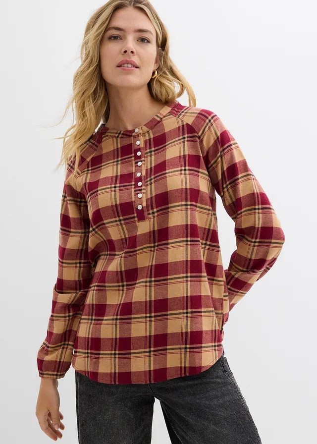 Blouse longue en flanelle, Couleur: rouge prune carreaux