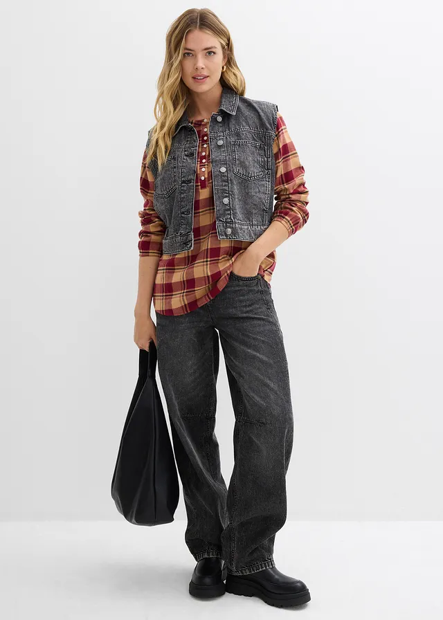 Blouse longue en flanelle, Couleur: rouge prune carreaux