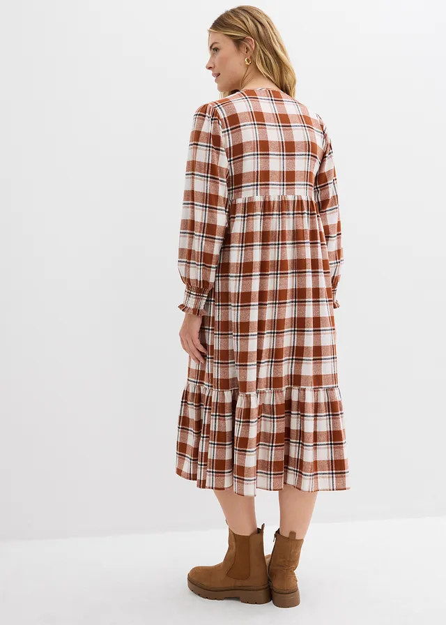 Flanelové midi šaty, barva: cihlově hnědá kostka