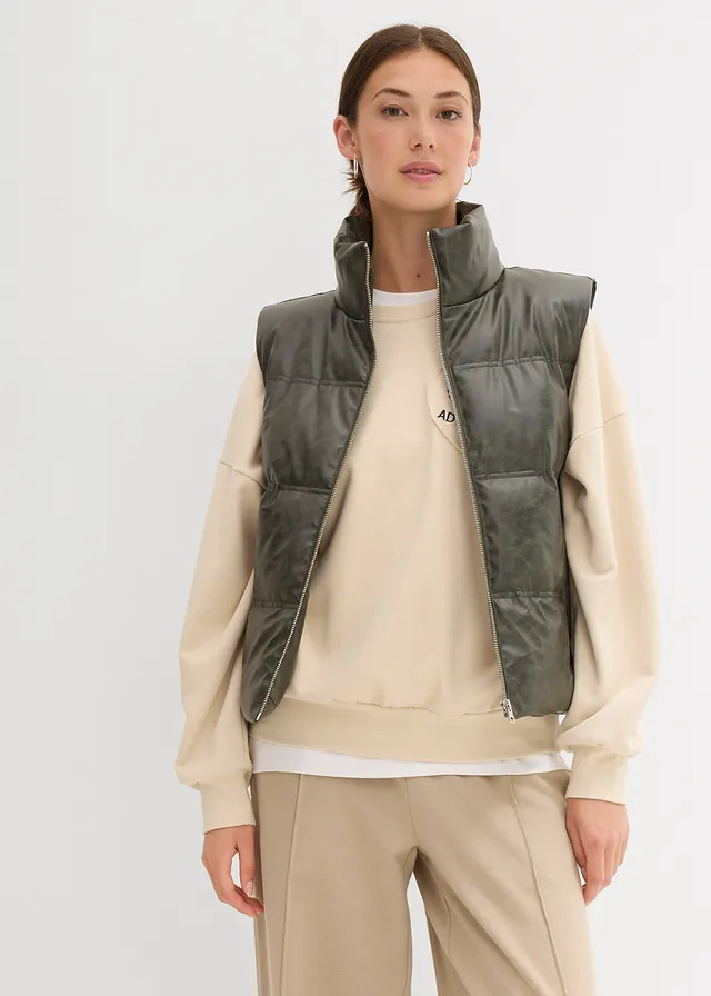 Bodywarmer van imitatieleer, Kleur: grijs washed
