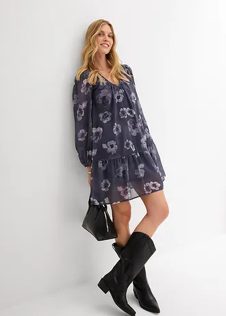 Korte chiffon jurk, Kleur: donkergrijs gebloemd