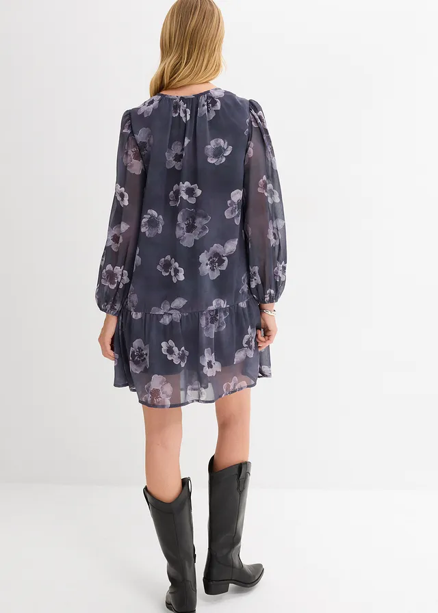 Korte chiffon jurk • donkergrijs gebloemd • product-page.page-title-suffix