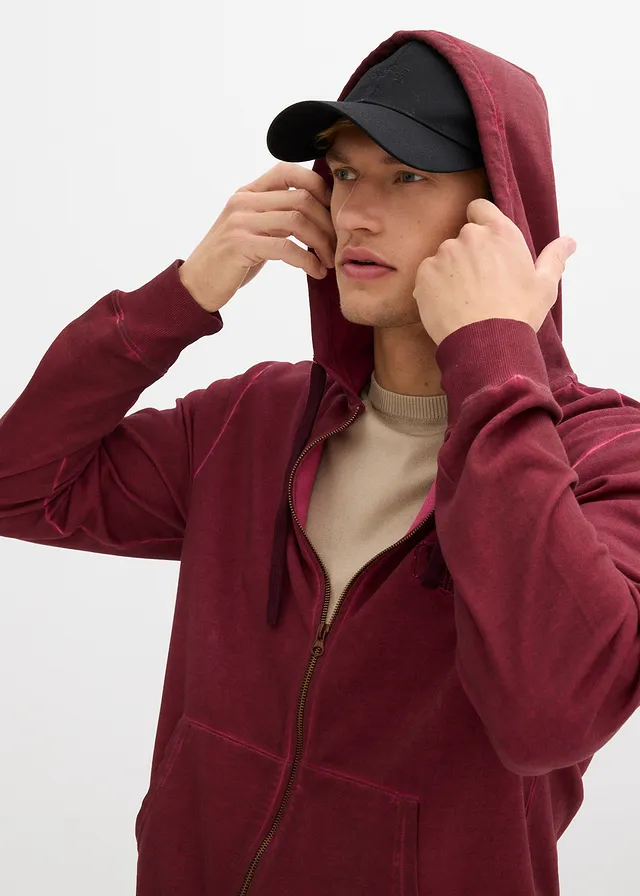 Sweatvest met capuchon in washed out look • rododendronrood used • product-page.page-title-suffix