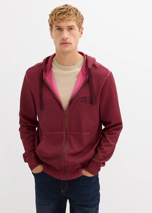 Sweatvest met capuchon in washed out look • rododendronrood used • product-page.page-title-suffix