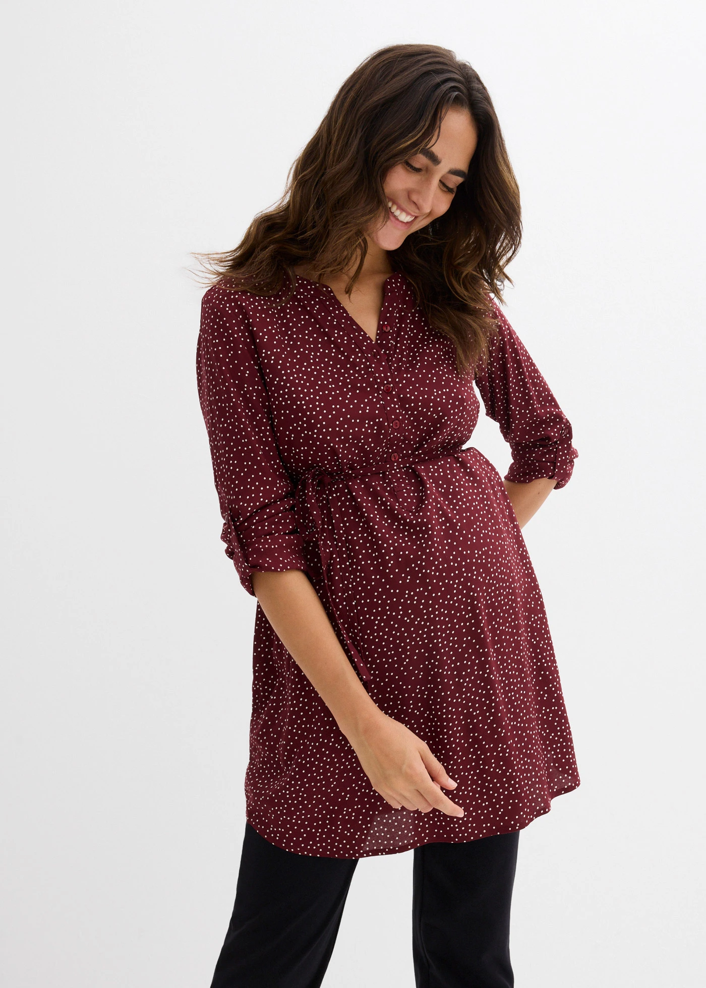 Zwangerschaps- en voedingsjurk van viscose • donker bessen-wit gestippeld • bonprix online shop