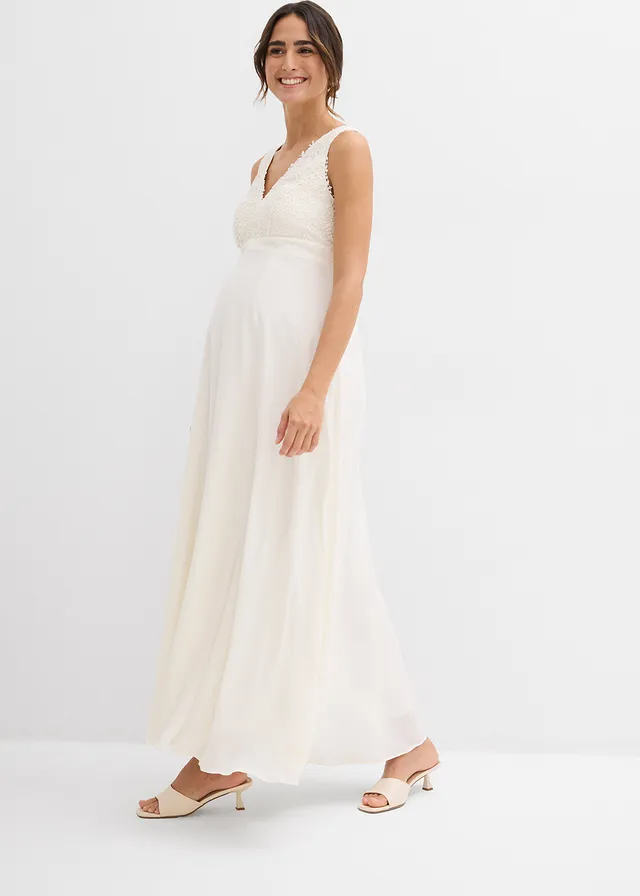 Robe de mariée de grossesse avec dentelle, satin et crêpe georgette, Couleur: écru