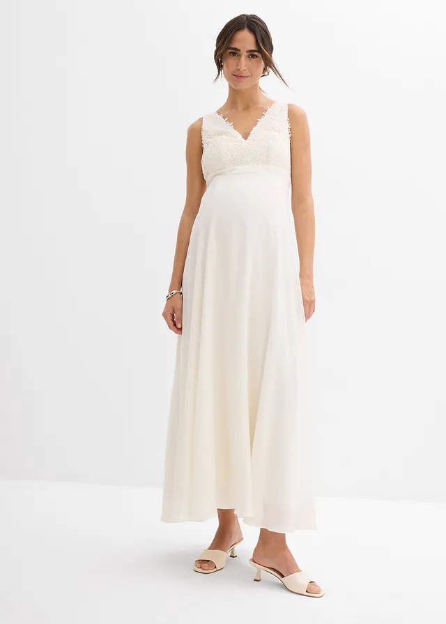 Robe de mariée de grossesse avec dentelle, satin et crêpe georgette, Couleur: écru