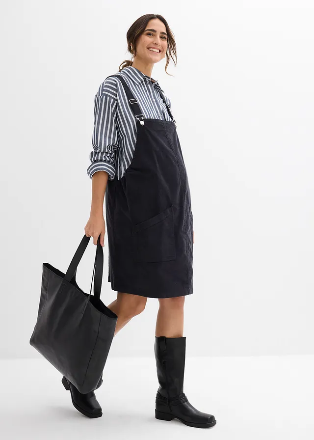 Robe-salopette de grossesse en velours côtelé extensible, Couleur: gris foncé