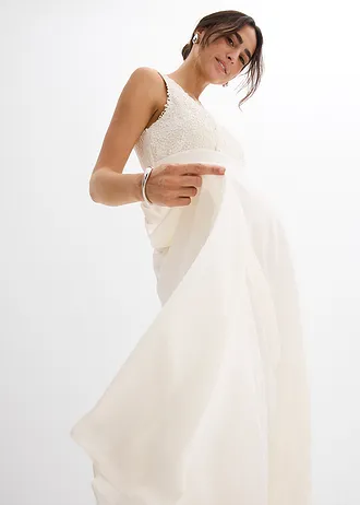 Robe de mariée de grossesse avec dentelle, satin et crêpe georgette • écru • Boutique bonprix