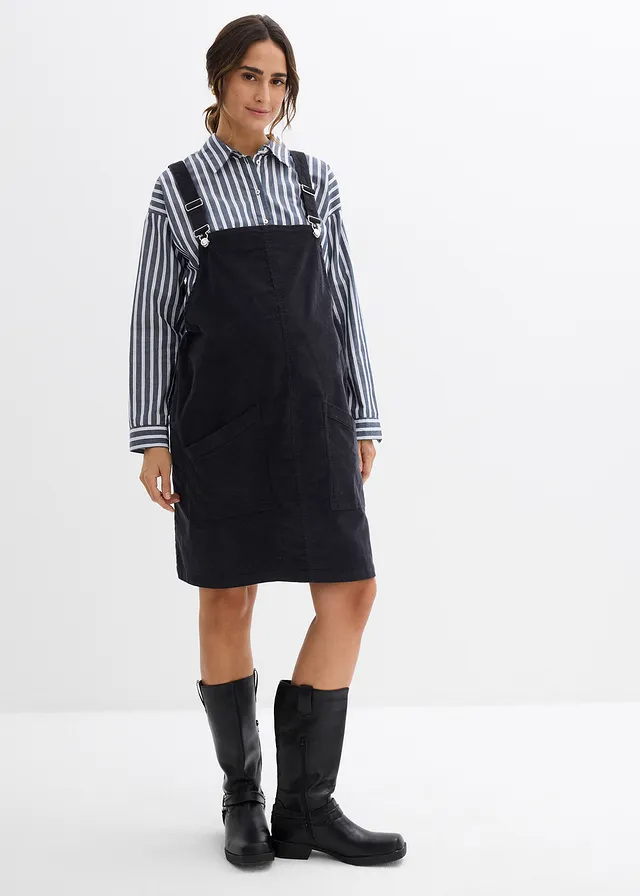 Robe-salopette de grossesse en velours côtelé extensible, Couleur: gris foncé