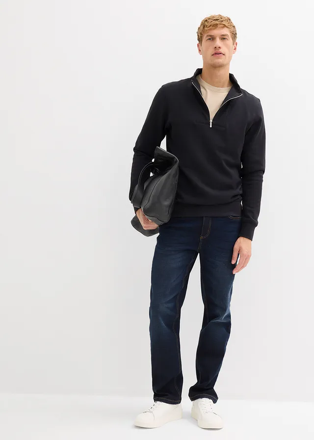 Sweat à col zippé 100% coton, Couleur: noir
