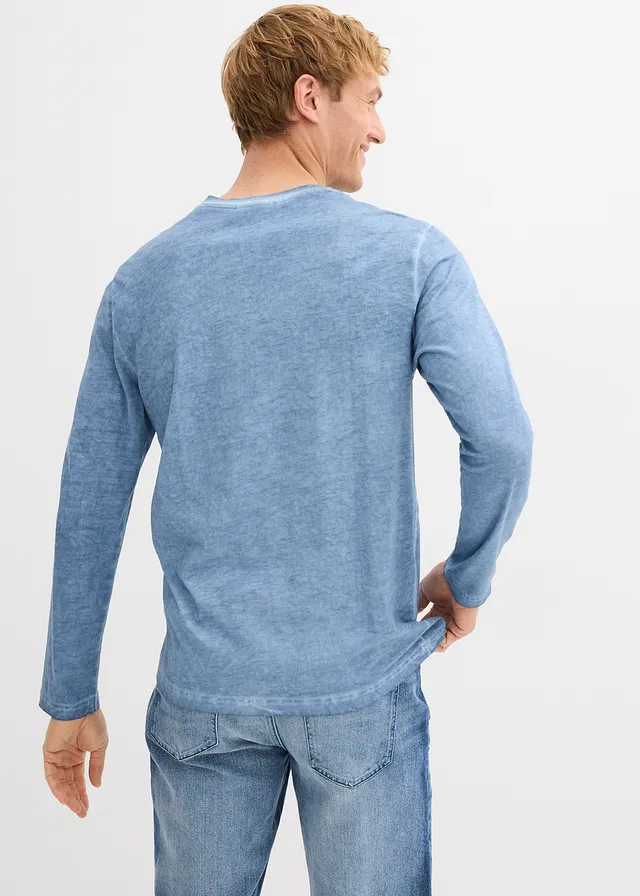 T-shirt manches longues délavé col tunisien, 100% coton • bleu used • product-page.page-title-suffix