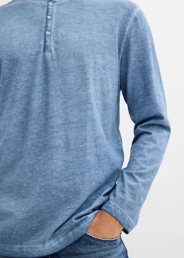 T-shirt manches longues délavé col tunisien, 100% coton • bleu used • product-page.page-title-suffix