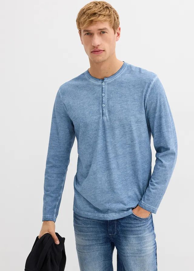 T-shirt manches longues délavé col tunisien, 100% coton • bleu used • product-page.page-title-suffix
