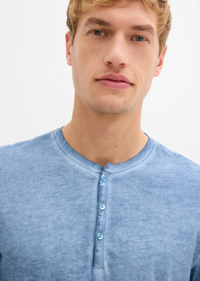 T-shirt manches longues délavé col tunisien, 100% coton • bleu used • product-page.page-title-suffix