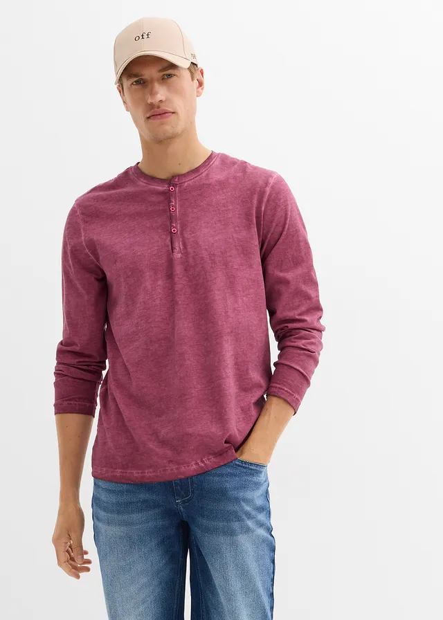 T-shirt manches longues délavé col tunisien, 100% coton • rhododendron used • product-page.page-title-suffix