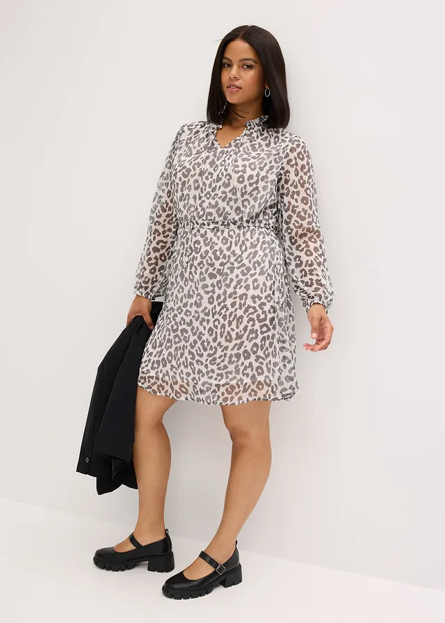 Robe en mousseline, Couleur: écru/anthracite léopard