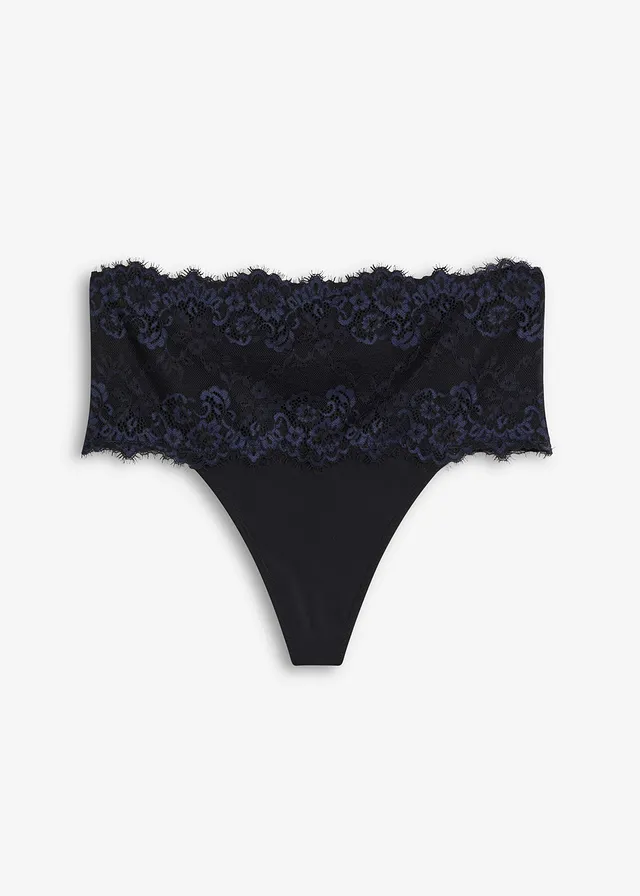 Stahovací tanga s krajkou, střední tvarující efekt • černá + intenzivní modrá • bonprix obchod