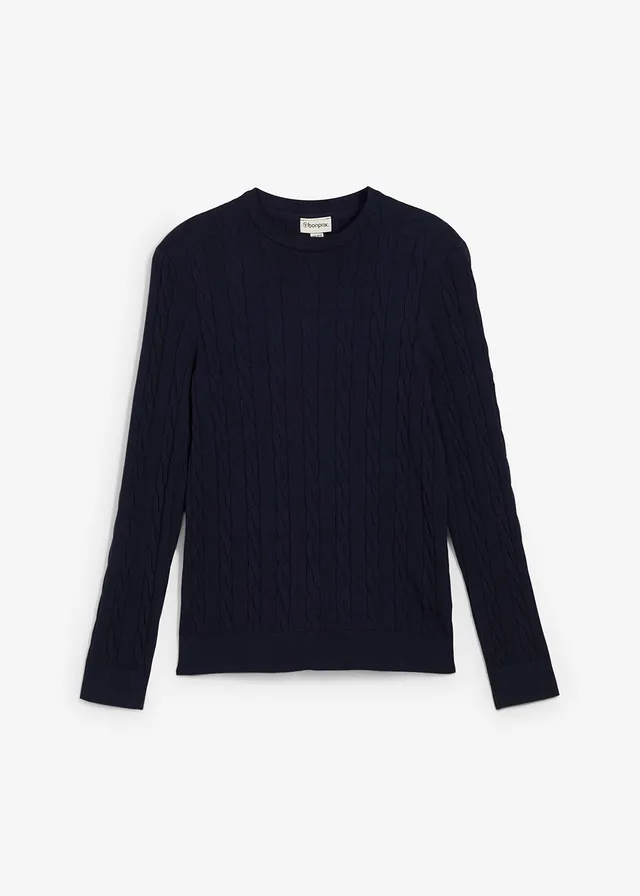 Fijngebreide kabeltrui in een zachte katoenmix, slim fit
