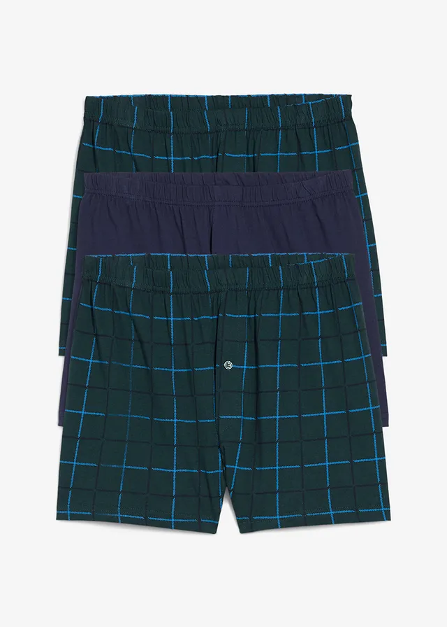 Wijde jersey boxer van zacht katoen (set van 3), Kleur: diepgroen geruit+donkerblauw