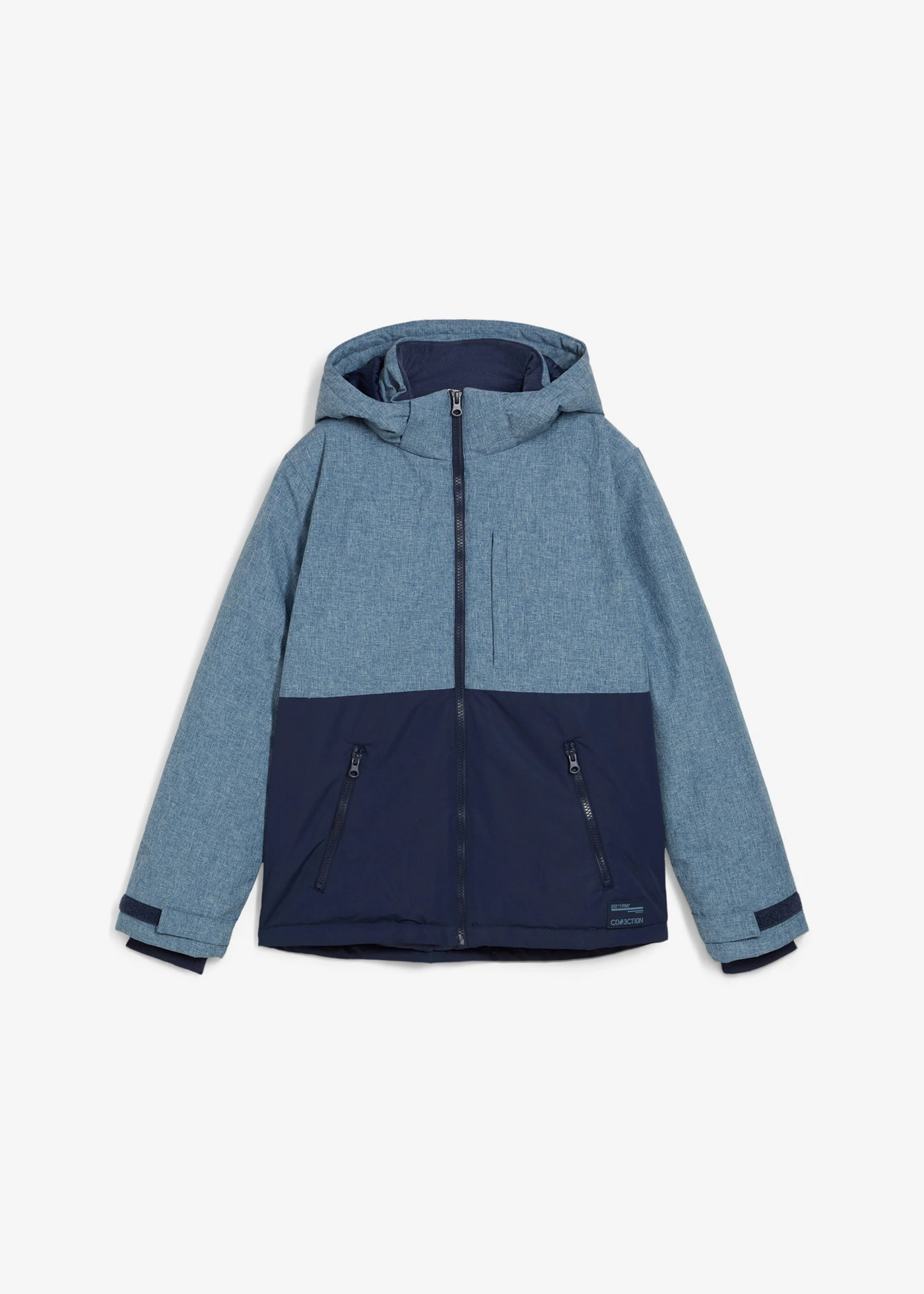Veste d’hiver rembourrée à capuche, style color block • bleu foncé-bleu gris chiné • Boutique bonprix