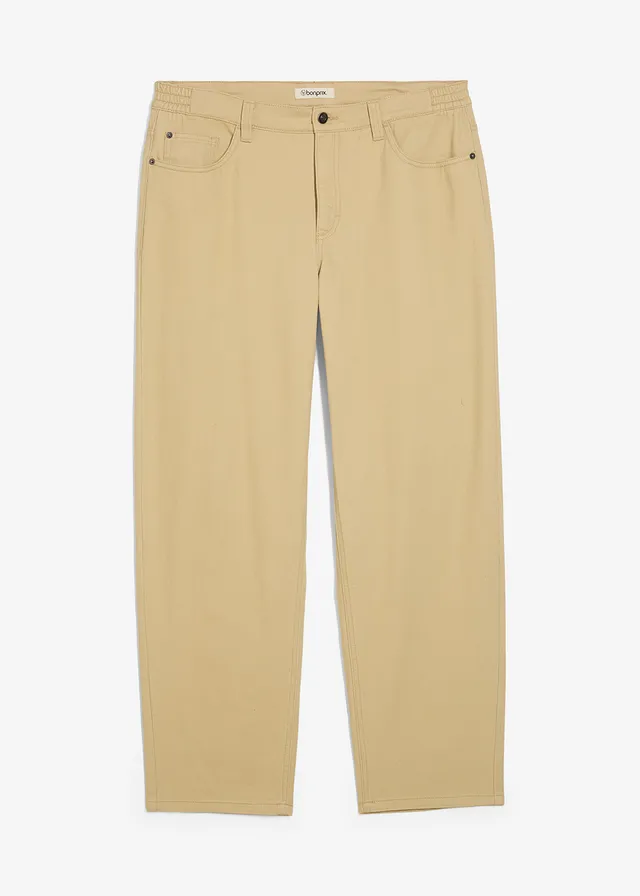 Pantalon droit en twill à taille élastiquée, loose, Couleur: beige vert