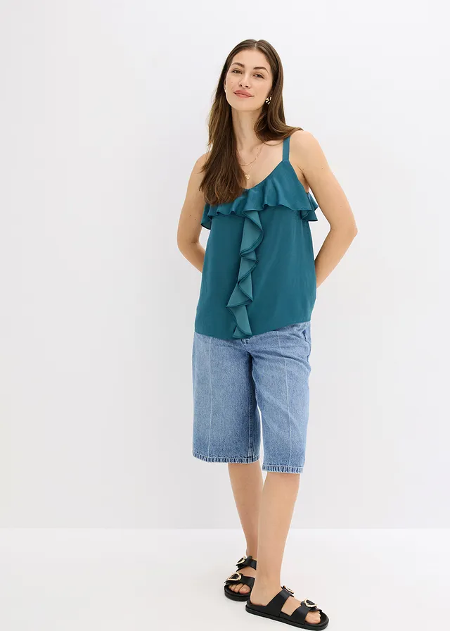 Top à bretelles fines en satin brillant, Couleur: vert poivre