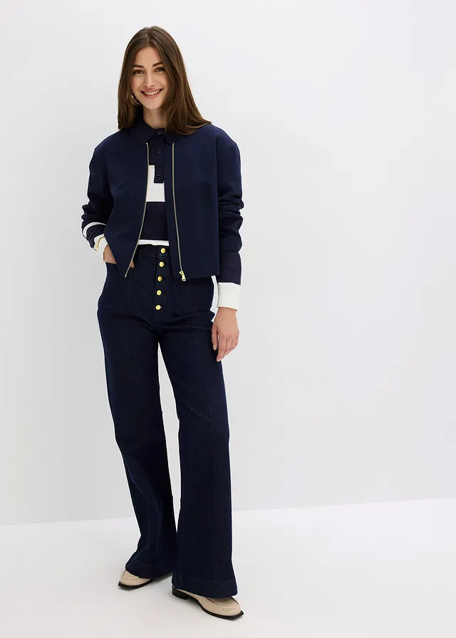 Dżinsy z rozszerzanymi nogawkami, high waist • ciemnoniebieski denim unwashed • sklep bonprix