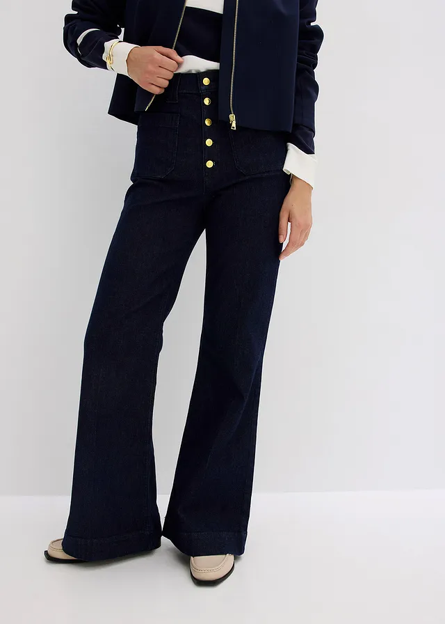 Dżinsy z rozszerzanymi nogawkami, high waist • ciemnoniebieski denim unwashed • sklep bonprix
