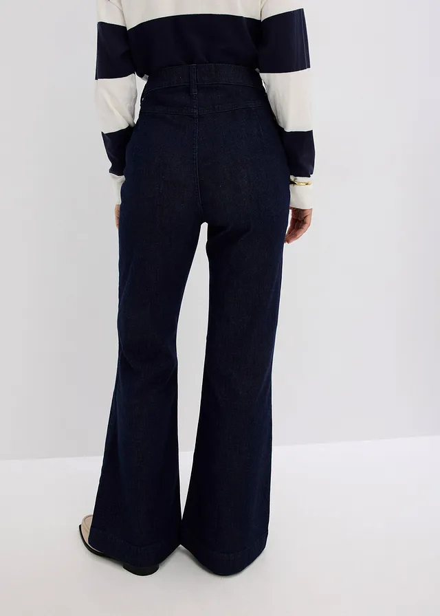 Dżinsy z rozszerzanymi nogawkami, high waist • ciemnoniebieski denim unwashed • sklep bonprix