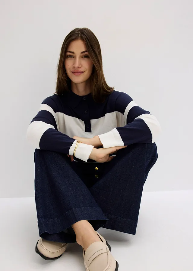Dżinsy z rozszerzanymi nogawkami, high waist • ciemnoniebieski denim unwashed • sklep bonprix