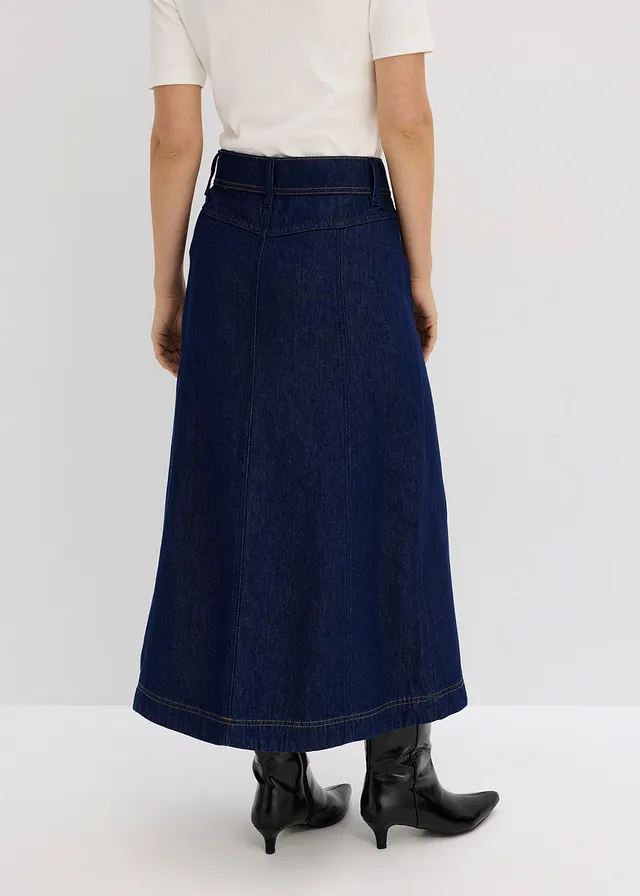 Spijkerrok in midilengte, Kleur: diepblauw denim ongewassen