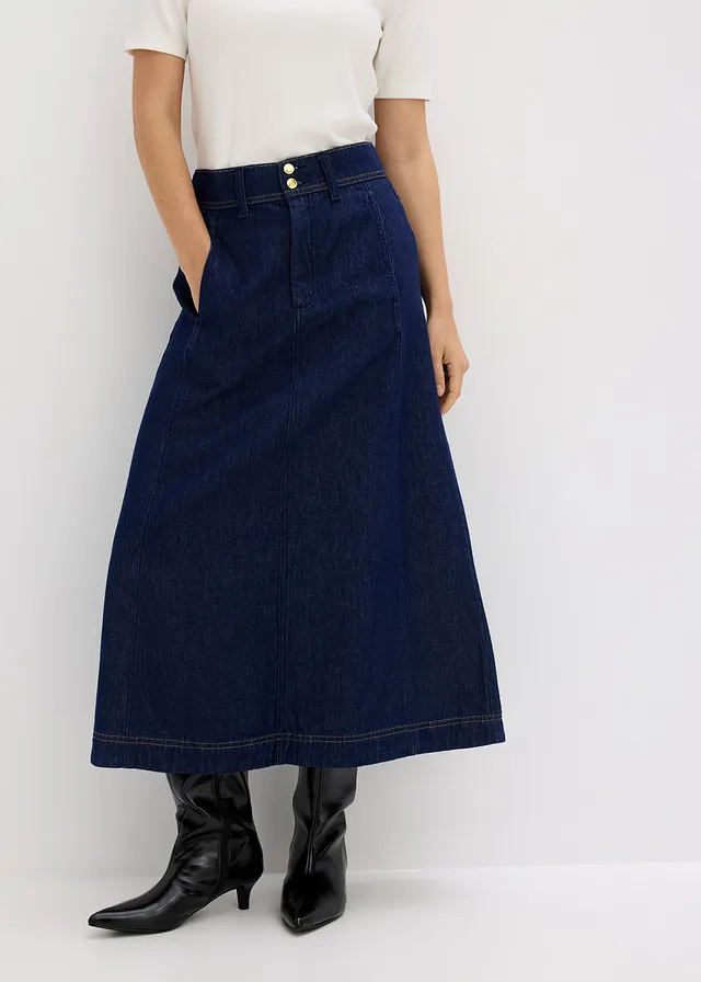 Jupe midi en jean, Couleur: bleu foncé denim brut