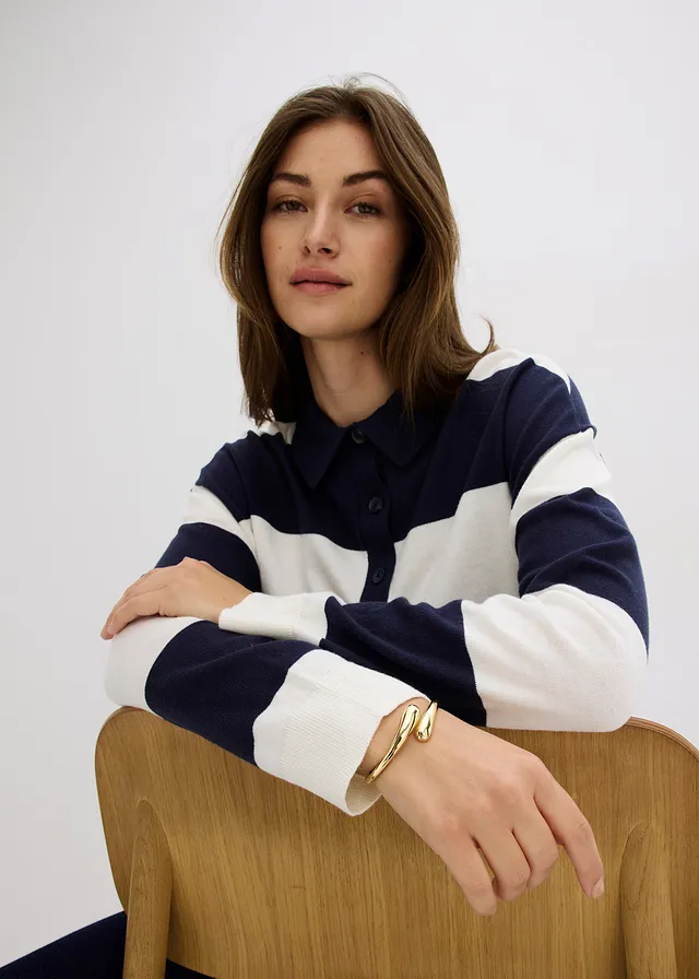 Pull oversize à col polo • bleu foncé-écru rayé • product-page.page-title-suffix