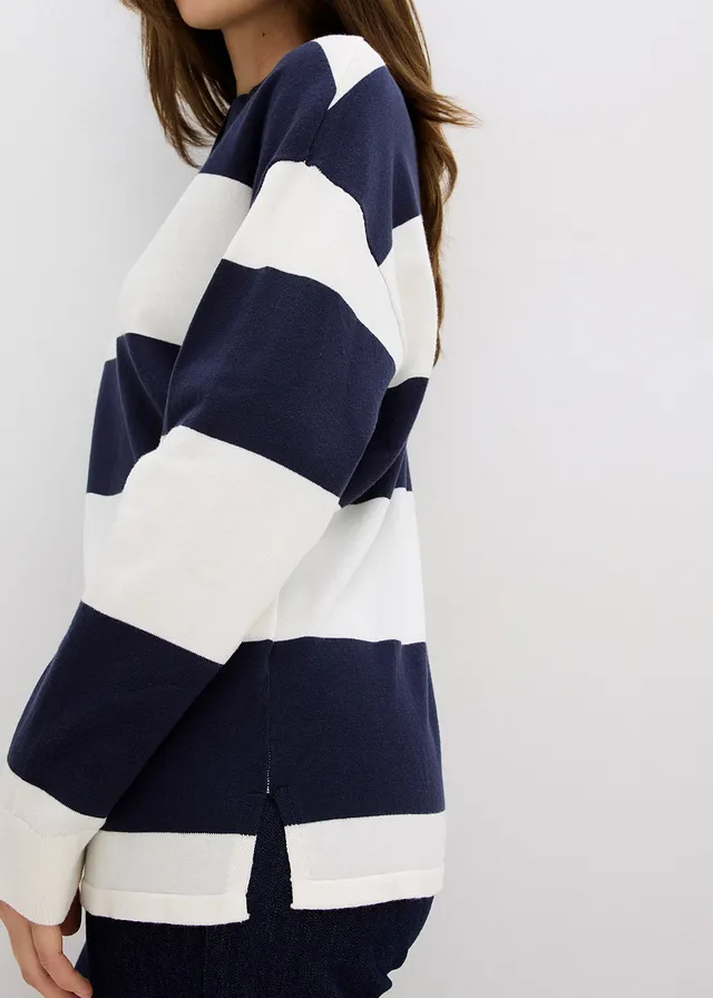 Pull oversize à col polo • bleu foncé-écru rayé • product-page.page-title-suffix