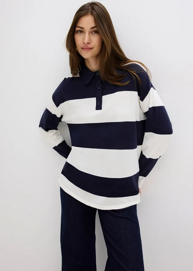 Pull oversize à col polo • bleu foncé-écru rayé • product-page.page-title-suffix