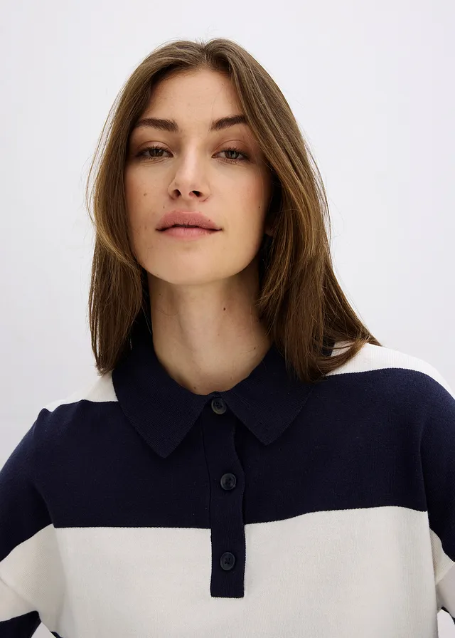 Pull oversize à col polo • bleu foncé-écru rayé • product-page.page-title-suffix