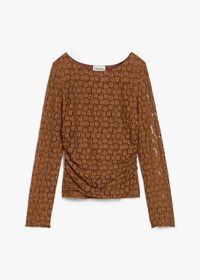 T-shirt manches longues en dentelle, Couleur: toffee