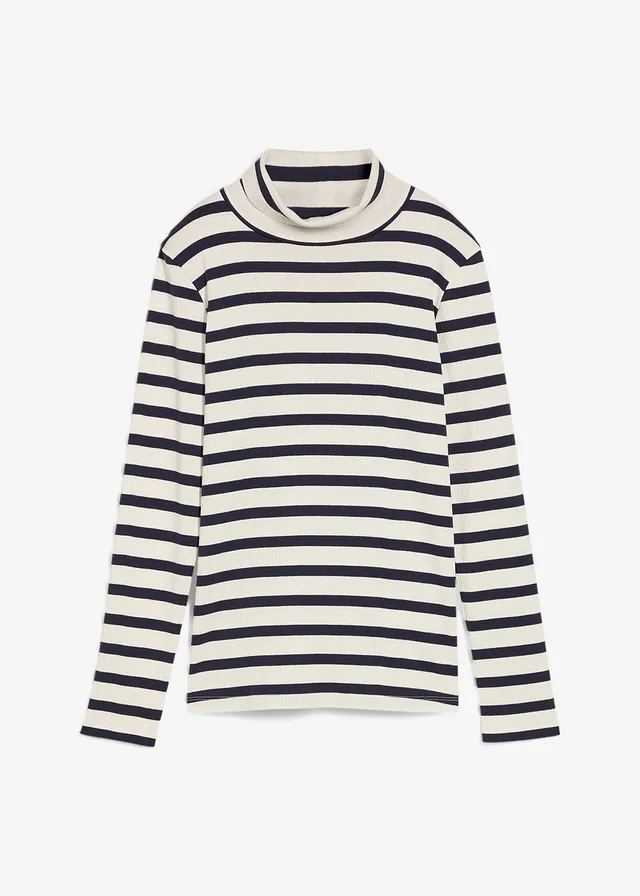 T-shirt col roulé 100% coton • écru-bleu foncé rayé • Boutique bonprix